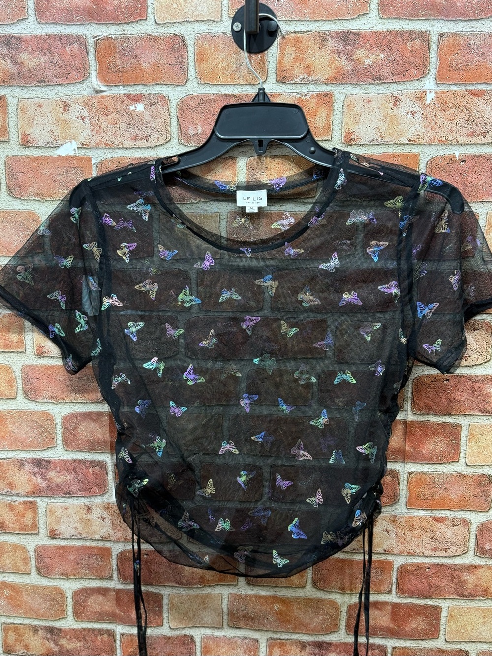 Le Lis Black Sheer Mesh Crop Top with Iridescent Butterfly Motif
